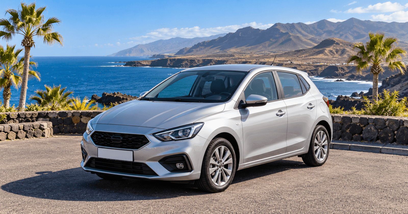 Silver hatchback parked at a coastal viewpoint with palm trees and ocean views.